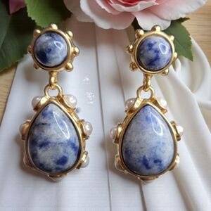 18k Gold Plated Chunky Sodalite Freshwater Pearl Drop Earrings